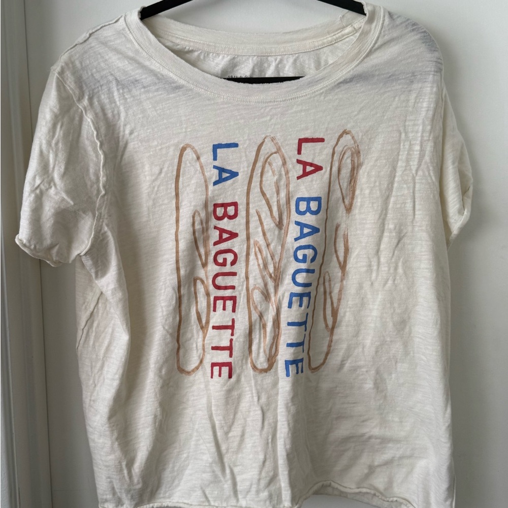 Anthropologie Cream Tee with Red and Blue Print